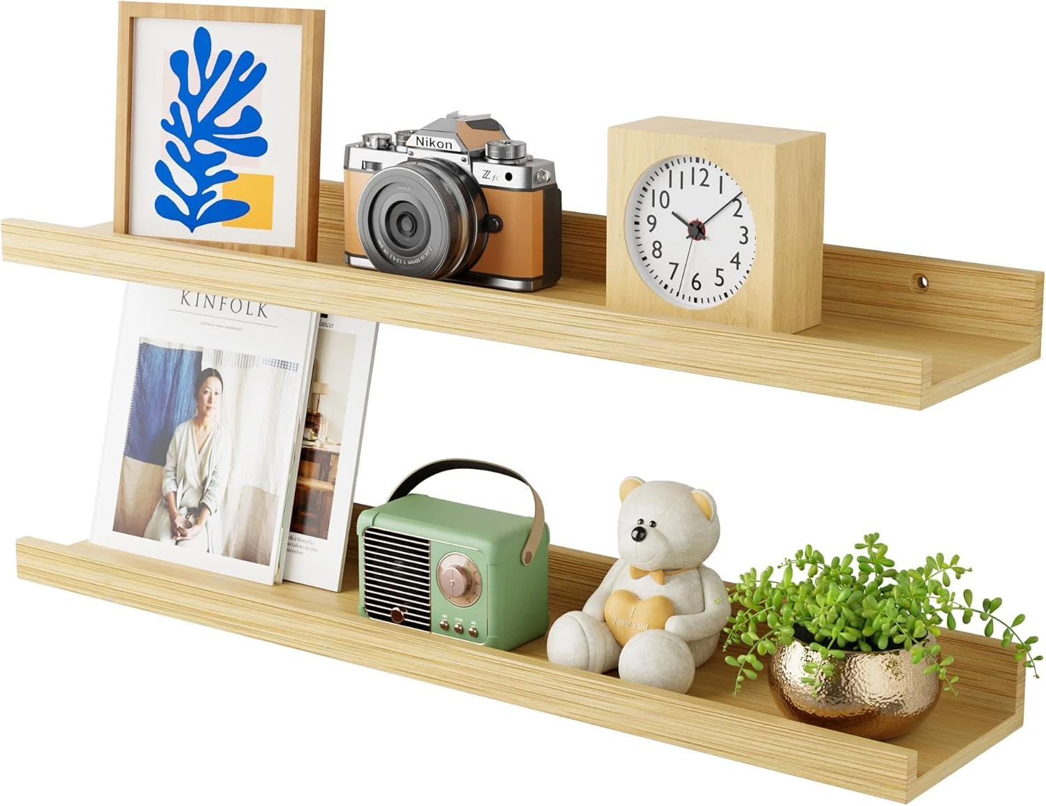 24 Inch Bamboo Floating Shelves - Picture Ledge Shelf with Lip Set of 2, Hanging