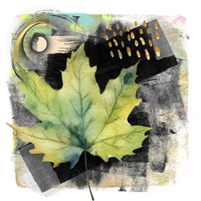 Maple green leaf gold Mitak digital collage floral 8"x8" archival print flowers