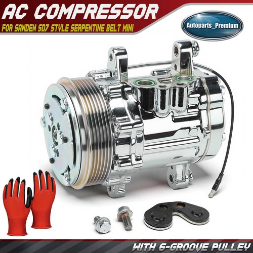 A/C Compressor with  6-Groove Pulley for Sanden SD7 Style Serpentine Belt Mini