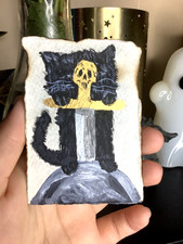 ACEO Original Acrylic Art , Whimsical Surreal Skeleton,Skull, Peeking Kitty Gold