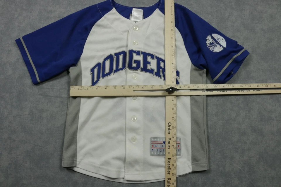 Los Angeles Dodgers Jersey Youth 8 Blue White MLB Baseball Matt Kemp 27 Button - Image 4 of 4