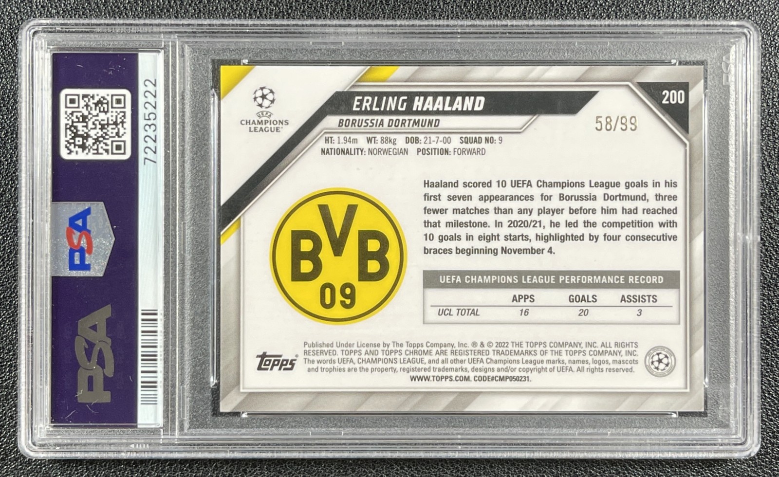 ERLING HAALAND PSA 9 2021-22 TOPPS CHROME UCL #200 NEON GREEN WAVE REF 58/99 view 2