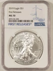 2019 $1 AMERICAN SILVER EAGLE, 1 OZ .999 - NGC MS-70, FIRST RELEASES!
