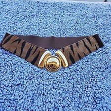 Vintage Stretch Faux Brown Leather Suede Gold Tone Tiger Print Belt S/M Elastic