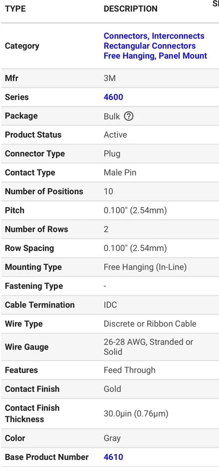 20 Pcs) 3M 4610-6050, 10 Position Rectangular Plug Connector IDC Gold 26-28 AWG - Image 4 of 4