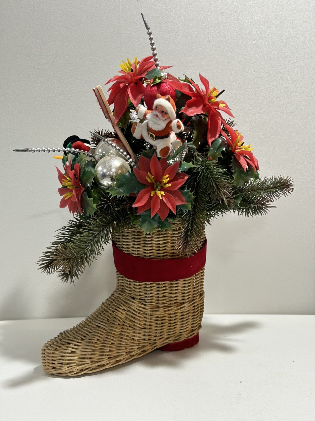 VTG Kitschy Wicker Boot Planter Plastic Floral Foliage Santa Snowman Reindeer