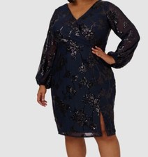 Adrianna Papell Women's Blue Floral-Sequined Sheath Dress Plus Size 16W