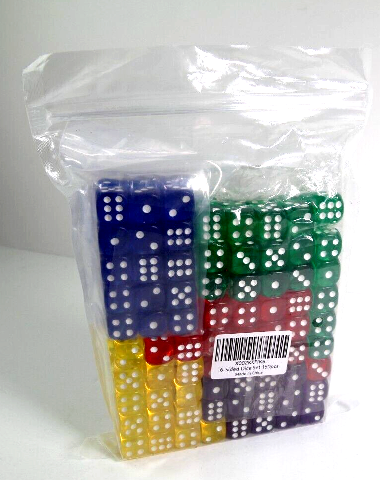 Set of 150 Six Sided D6 16mm Multicolor Standard Rounded Translucent ...