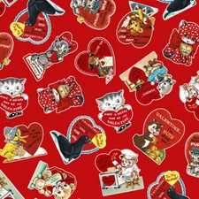 VINTAGE VALENTINES BY MICHAEL MILLER RETRO GREETING CARDS ON RED FABRIC HALF YD