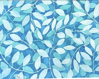 PAINTING WATERCOLOR 11X14 AND MAT 16X20 TREE LEAVES BLUE SHADES ORIGINAL ART