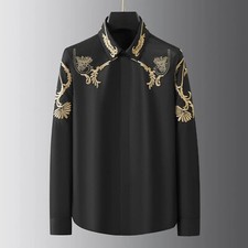 New Elegant Men Luxury Trend Embroidery Party Long Sleeve Slim Fit Dress Shirt