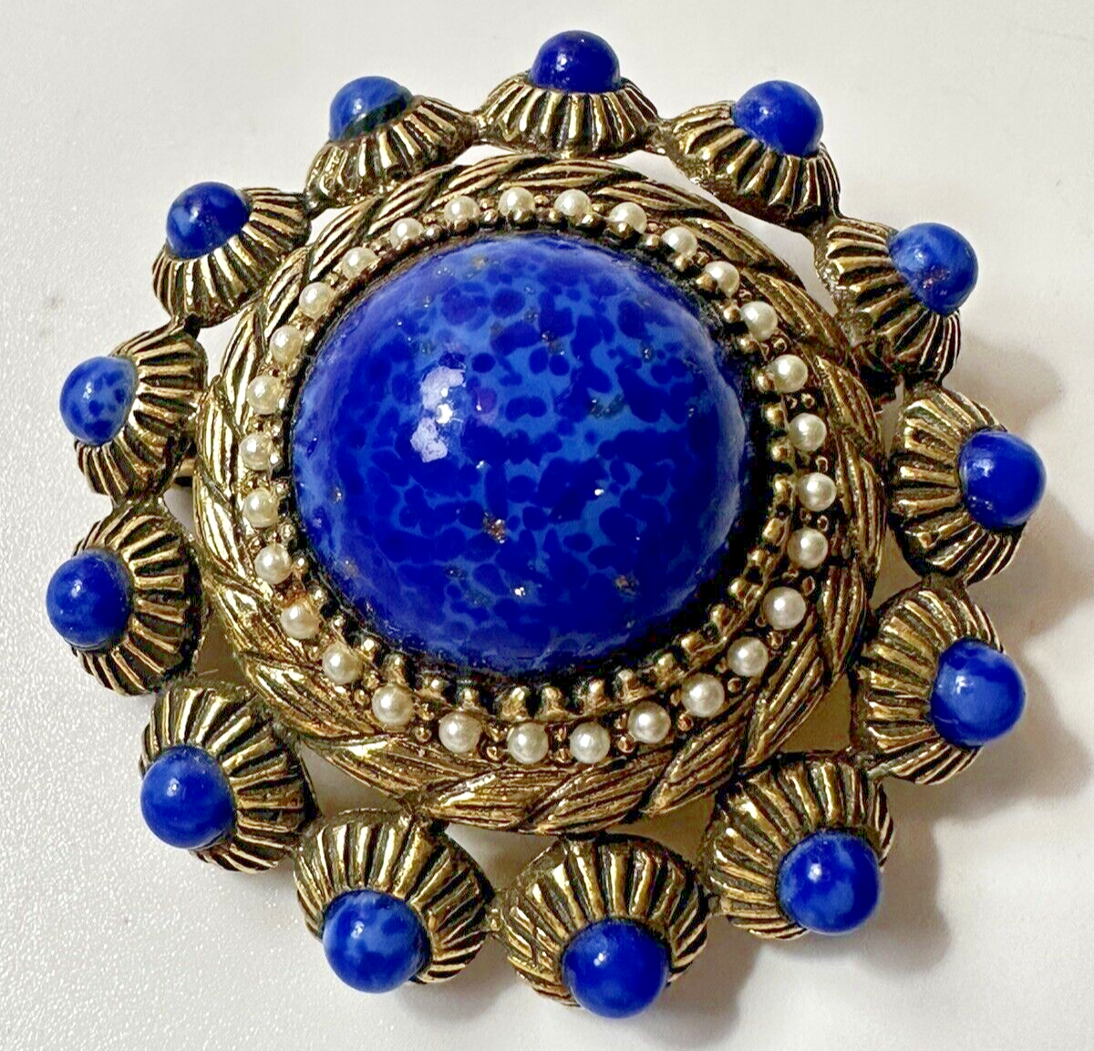 Vintage Zentall Brooch Pin Blue Cabachons with Gold Flecks Pearls