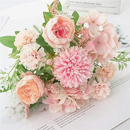  Fake Artificial Flowers, Peony Silk Hydrangea Bouquet Decor Plastic Pink - Image 4 of 4