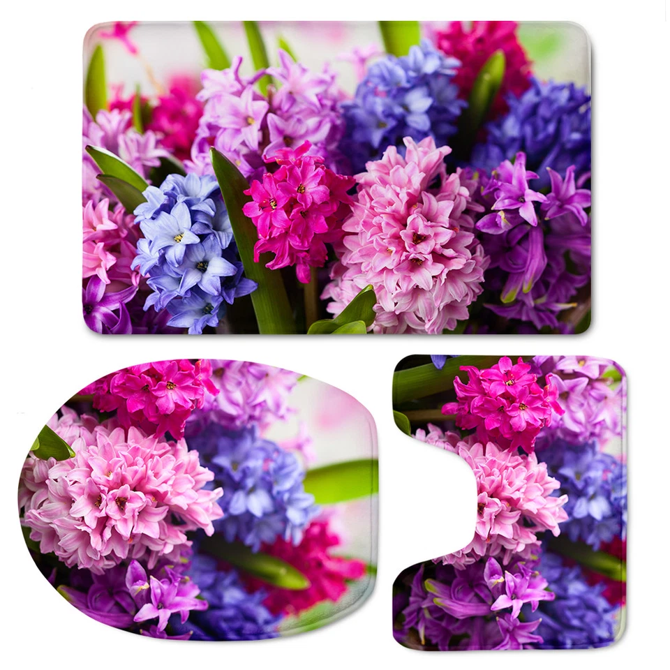 Juego de 3 fundas de inodoro florales violetas alfombra tapa baño rosas alfombras antideslizantes acolchadas Foto 2 de 4