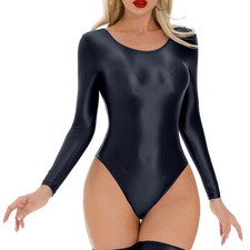 Women Oil Glossy Long Sleeve Bodysuit Gymnastics Leotard Monokini Bathing UK