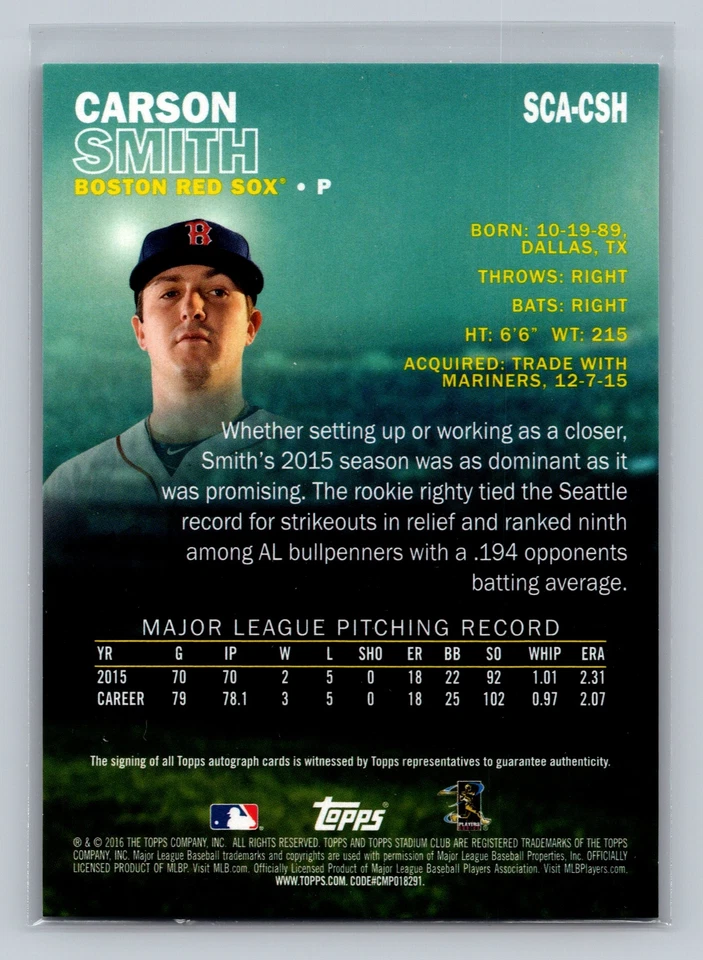 2016 Stadium Club #SCA-CSH Carson Smith - Image 2 of 2