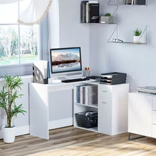 Rotating Home Office L-Shaped Corner Desk w/ Storage Drawer Computer Table White