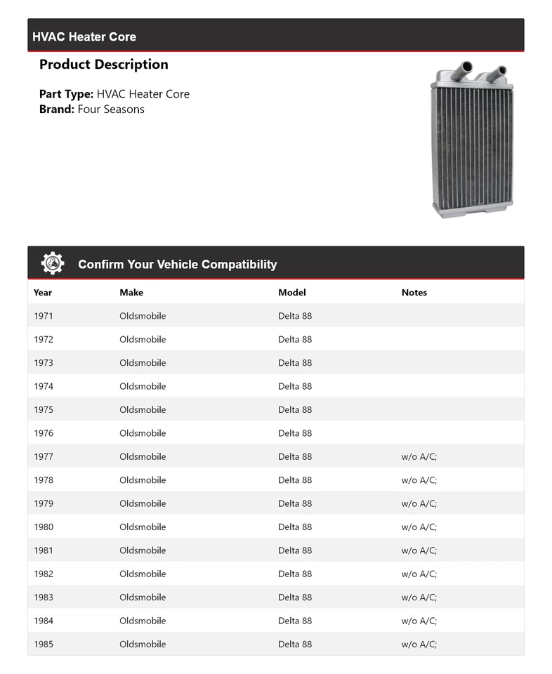 Para Oldsmobile Delta 88 1971-1985 HVAC núcleo calentador 4 estaciones 1972 1973 1974 1975 Foto 2 de 4