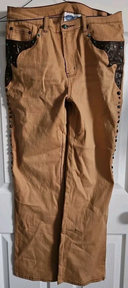 Pantalones occidentales para mujer DG2 Diana Gilman tachuelas color latón y turquesa talla 10” Foto 2 de 3