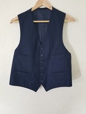 41R Bespoke wide chalk striped blue Wool Tweed Men Waistcoat Vest NWOT