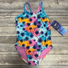 Speedo Purple Blue Orange Palm Tree Print Two Strap One Piece Swimsuit Girls XS