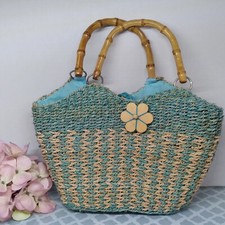 Vintage 60s Woven Straw Bamboo Handle Tote Handbag Purse Fabric Lined Small