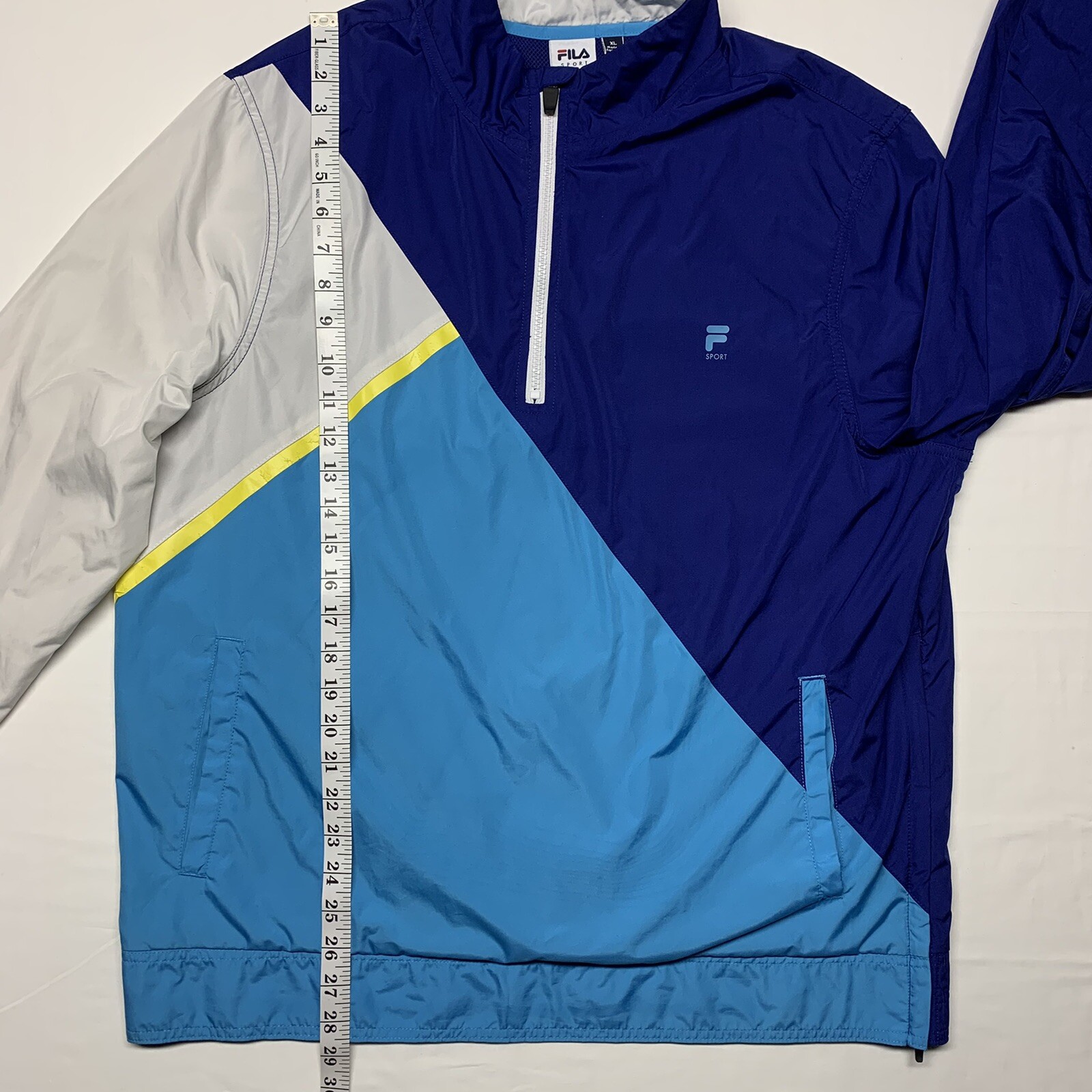 Giacca a vento Fila Sport Golf blu bianco giallo tasca anteriore zip laterale taglia XL