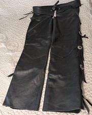 Vintage Western Leather Fringe Chaps Conchos Cowboy 40" waist open seat zip snap