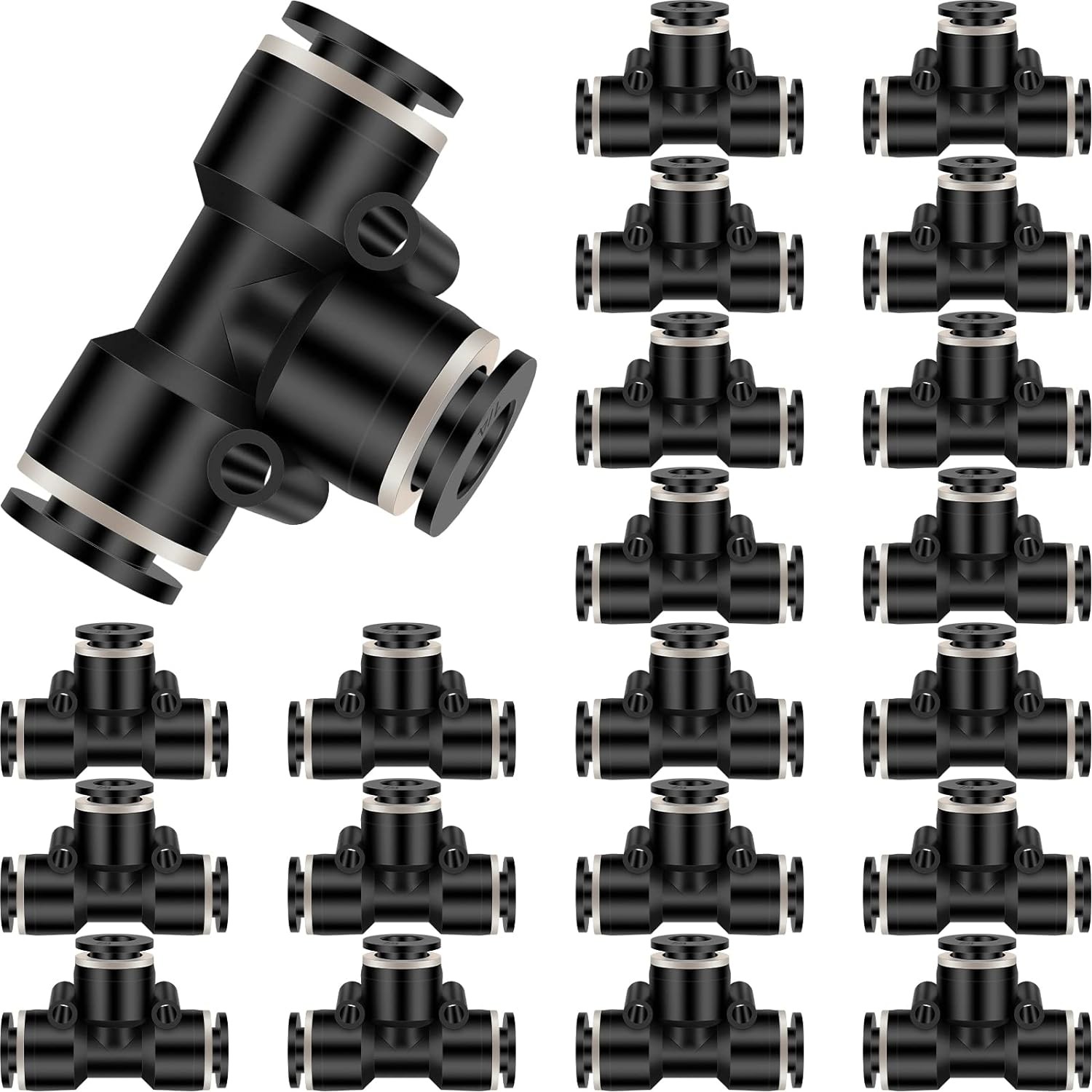 20-Piece Black 1/4 Inch Push-to-Connect Plastic Tee Fittings Bulk Pack