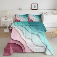 Abstract Ombre Comforter Set Ocean Waves Bed Set Bedding Decor Gradient Green...
