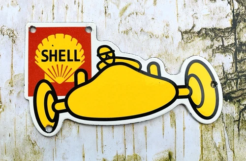 VINTAGE SHELL CAR RACING MOTOR OIL GASOLINE GAS PUMP STATION PORCELAIN SIGN