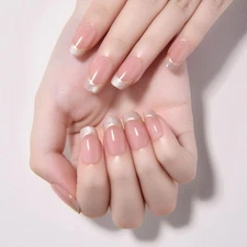 Cat Eye Press on Nails Medium Squoval with Gold Line Design, Pink French Nail...