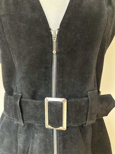 Black Suede Leather Vintage Zip Up Belted Waistcoat Size Small - Picture 3 of 16
