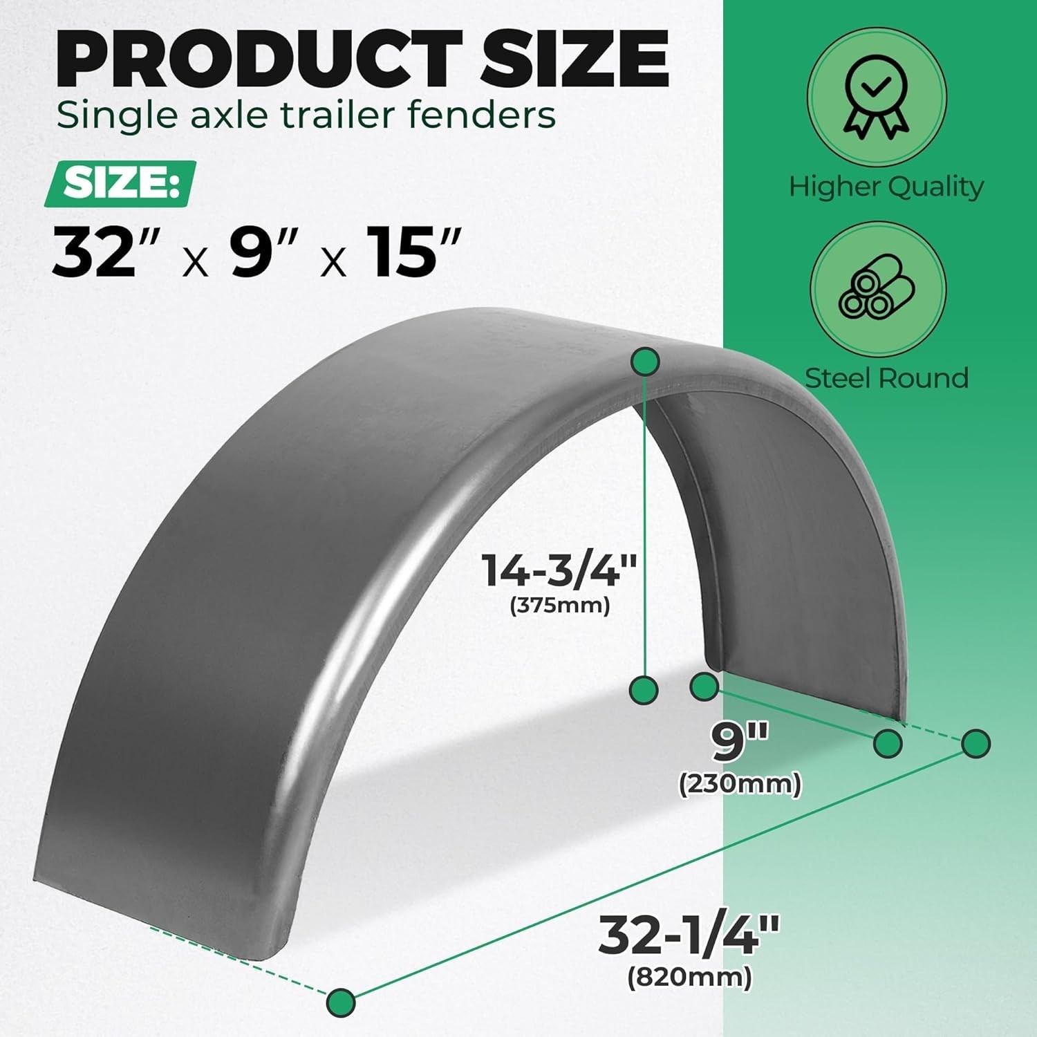 Heavy-Duty 32'' Steel Round Trailer Fender for 14''-16'' Wheels, Easy to Install