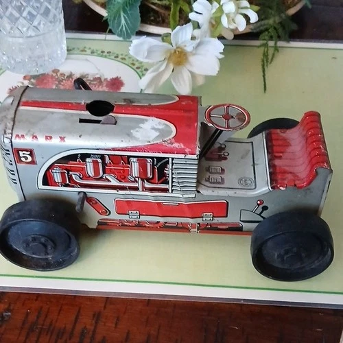 Marx Vintage Tin Toy Race Car #5 Red Silver Collectible for Ages 8-11 Years