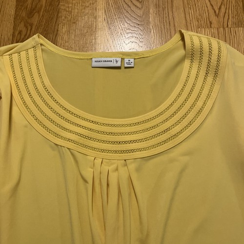 Susan Graver Tunic Top Women’s 1X Yellow Liquid Knit Crochet Trim Scoop Neck - Picture 4 of 8