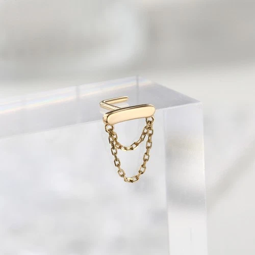 14K Solid Gold CZ Nose Piercing Stud L Shape Chain Design 20G Nostril Jewelry