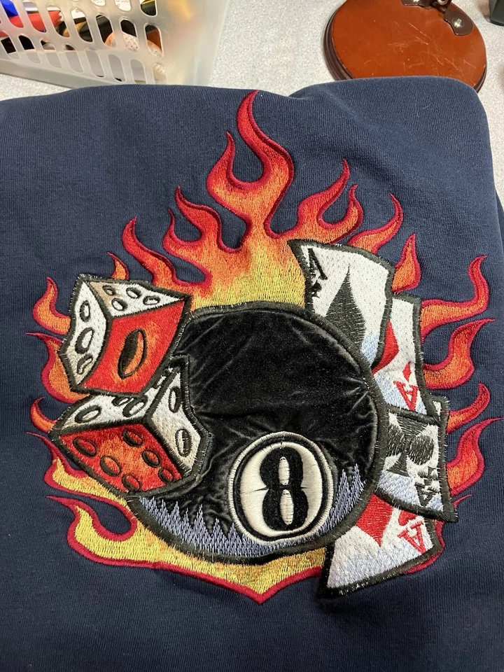 De Colección Y2K JNCO Jeans Llamas 8 Bolas Dados Tarjetas Patín Azul Marino Pullover Sudadera con Capucha Talla L Foto 3 de 4