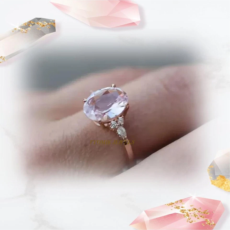 Anillo de compromiso de diamantes y zafiros rosados naturales reales de 3,50 quilates de oro rosa macizo de 14 quilates Foto 3 de 4