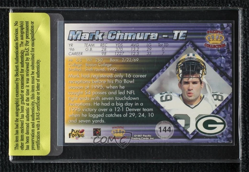 BAS 1997 Pacific Crown Collection Mark Chmura #144 Authentic Auto - Image 2 of 2