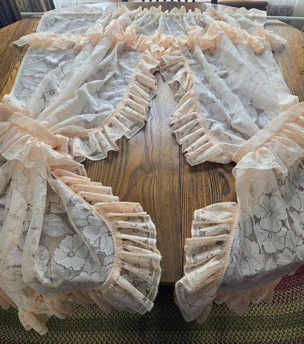 2pr Vintage 80s SEARS white & peach PRISCILLA Ruffled CURTAINS w VALANCE 63x53