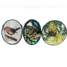 Vintage Suncatcher Set of 3 Stained Glass Bird Dog Flower Spring Panels Medium