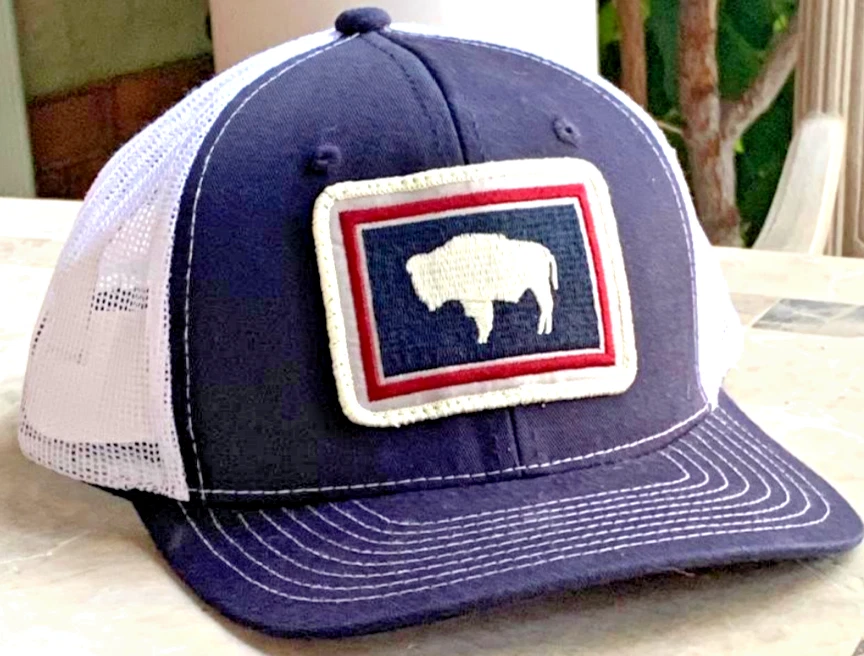Gorra de camionero azul y blanca con bandera del estado de Wyoming Buffalo. Tapas NV. OSFM. Foto 2 de 4