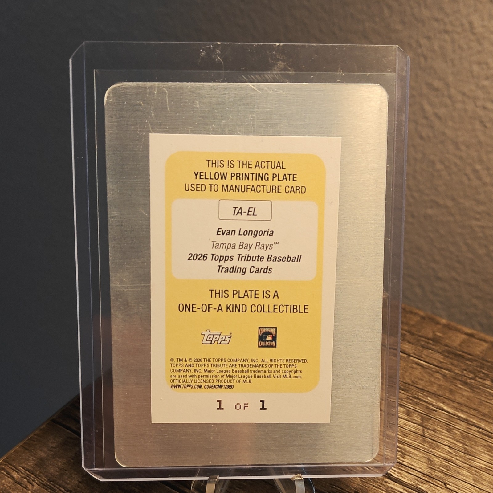 Topps Tribute 2026 Evan Longoria Rays TA-EL Auto Yellow Printing Plate 1/1 view 2