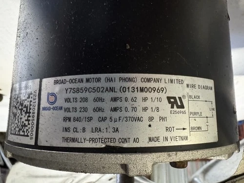 Broad Ocean 1/8Hp 840Rpm Condensor Motor Y7S859C502ANL. BLADE NOT INCLUDED)