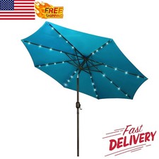 9 Ft Solar Market Umbrella 32 LED Lighted Patio Table W/Tilt & Crank Outdoor New