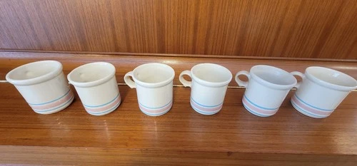 6 McCoy Pottery Blue Pink Stripe Vintage 3.5" Coffee Mug  1970's USA Great Price