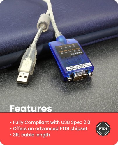 USB to Serial RS-232 Adapter with LED Indicators, FTDI Chipset, Supports Windows - Picture 5 of 6