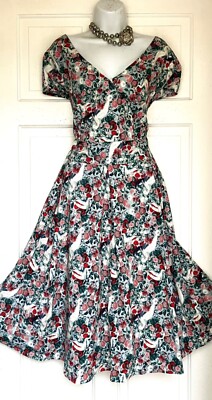 JOE BROWNS CRANE & FLORAL PRINT 50s FIT & FLARE PARTY DRESS SIZE 22