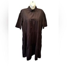 Everlane Cotton Popover Tiered Midi Dress Sz M Black High Neck Cottagecore Loose